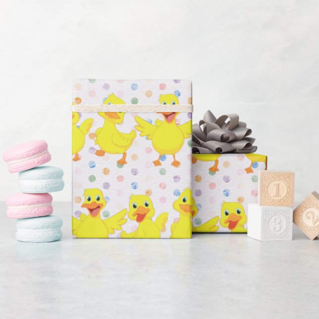 Papel De Presente Patos Amarelos nas Bolinhas (Chá de bebê)