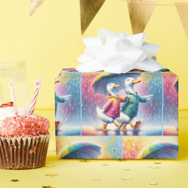 Papel De Presente Patos Brancos Andando Na Chuva (Festa de aniversário)