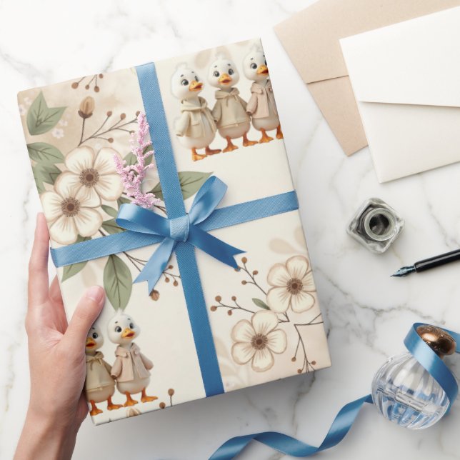 Papel De Presente Patos Cortos Com Floral (Presentear)