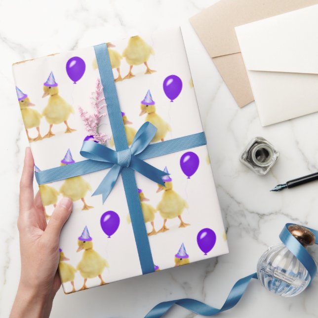 Papel De Presente Patos de aniversário com balão roxo (Presentear)