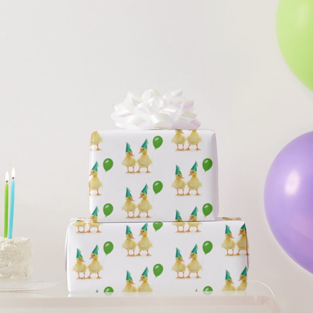 Papel De Presente Patos de aniversário com balão verde (Presentes para festas)
