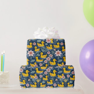 Papel De Presente Patos De Borracha Amarelos Clássicos Com Flores Ro
