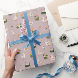 Papel De Presente Patos & Folhas de Nenúfar em Cinza-Rosa Claro