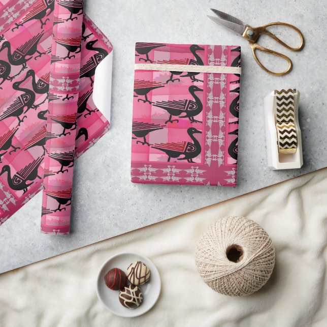 Papel De Presente Patos Negros en un tejido rosa (Artesanato)