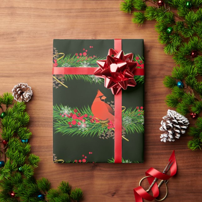 Papel De Presente Pátria de Natal com Aves Cardinais Brilhantes (Presente de Natal)
