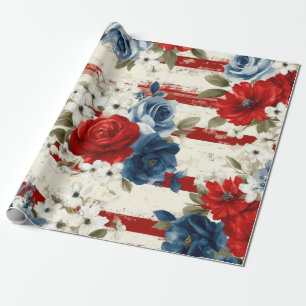 Papel De Presente Pátrio Vermelho Azul Branco Floral (2)