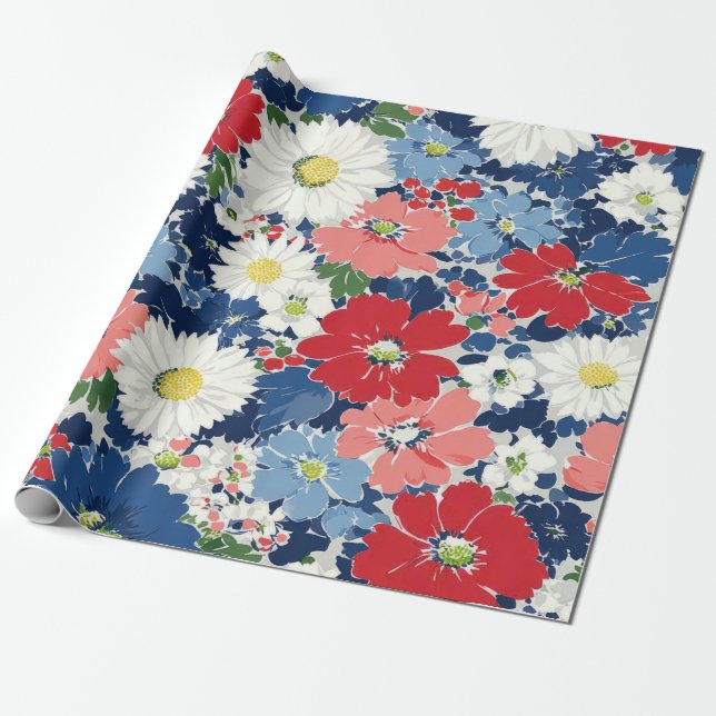 Papel De Presente Pátrio Vermelho Azul Branco Floral (3) (Desenrolado)