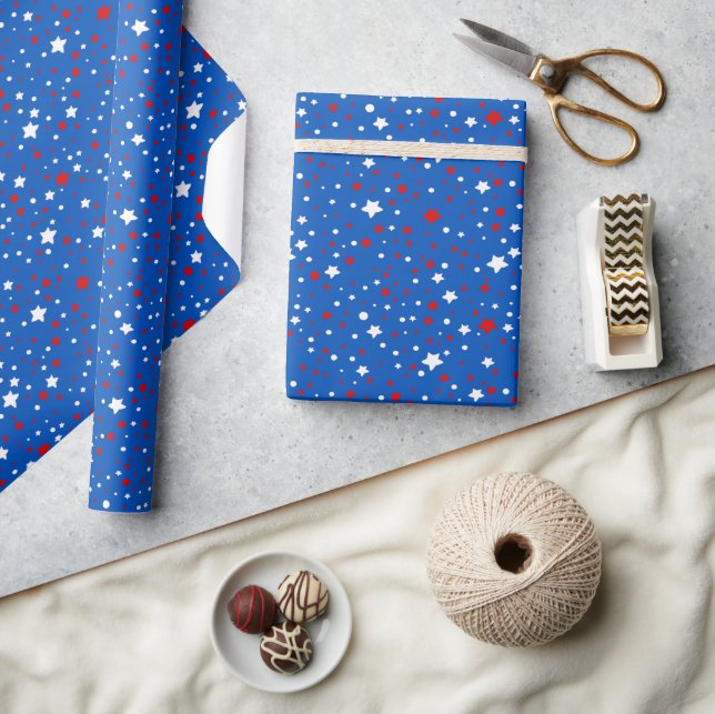 Papel De Presente Patriotic Red and White Stars On Blue (Artesanato)