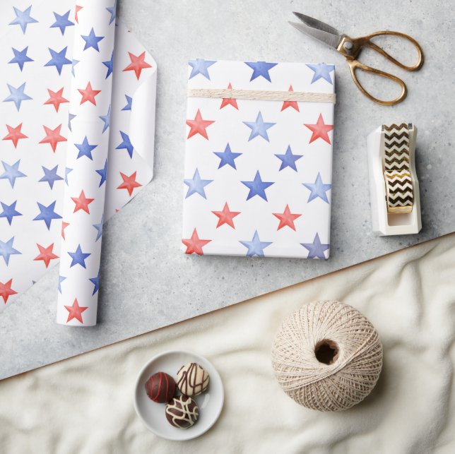 Papel De Presente Patriotic Red White & Blue Stars  (Artesanato)