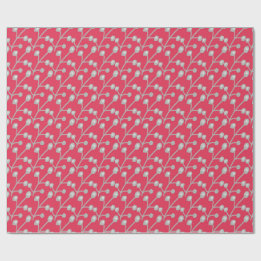 Papel De Presente Patterned Silver-Grey Foliage on Bright Pink Red