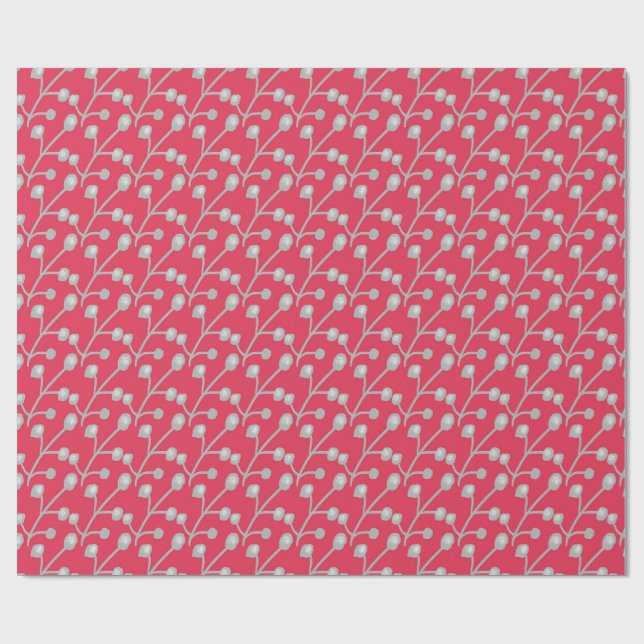 Papel De Presente Patterned Silver-Grey Foliage on Bright Pink Red (Aberto)