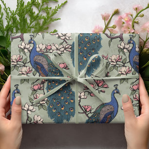Papel De Presente Pavão Azul Colorido e Magnolia Selvagem Verde