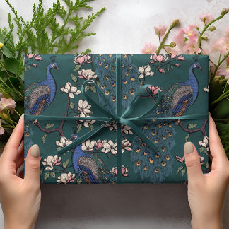 Papel De Presente Pavão Azul Colorido e Magnolia Selvagem Verde