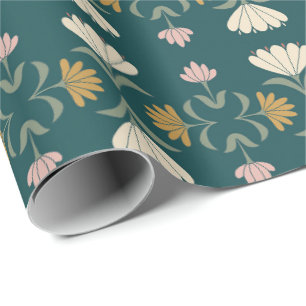 Papel De Presente Pavão Azul e Ocre Arte Folclórica Novo Floral