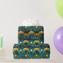 Papel De Presente Pavão de Vidro Colorido Azul e Dourado