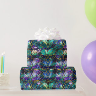 Papel De Presente Pavão de Vidro Colorido Azul-Verde, Roxo e Dourado