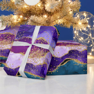Papel De Presente Pavão Roxo e Azul Falso Brilho Ágata