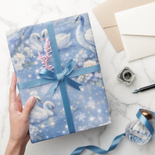 Papel De Presente Pavões Brancos e Cisnes Fantasia Luxo Azul