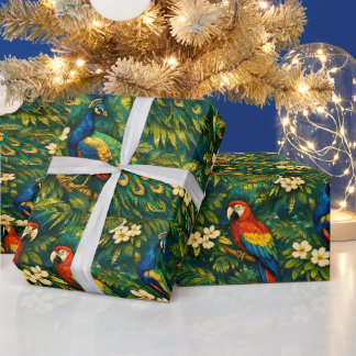 Papel De Presente Pavões e Papagaios Coloridos em ouro tropical