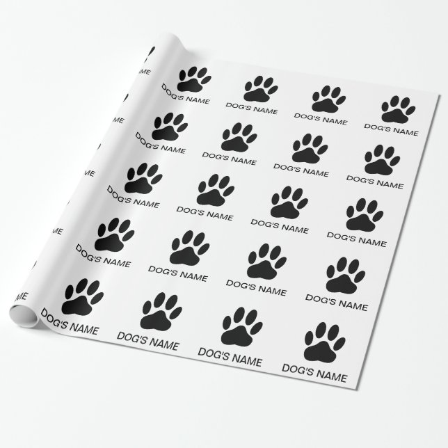 Papel De Presente Pawprint Black and White Versão do Cão (Desenrolado)