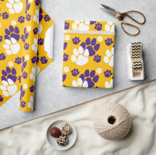 Papel De Presente Pawprint roxo, Dourado e branco