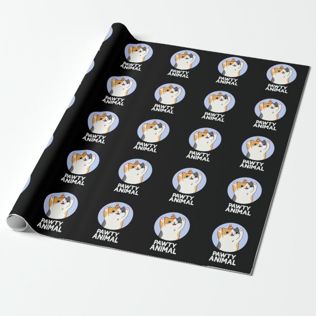 Papel De Presente Pawty Animal Funny Party Cat Pun Dark BG (Desenrolado)