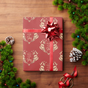 Papel De Presente Paz Amor Alegria Vermelho Dourado Floral Natal