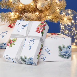 Papel De Presente Paz e alegria Feliz Natal Berries Brancos Brancos