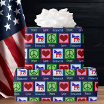 Papel De Presente Peace Love Democrat Donkey Christmas<br><div class="desc">Legal partido democrático papel de Natal embrulhando com um sinal de paz,  coração,  e burro democrático em vermelho,  branco e azul. Bela PAZ AMA BOLSA DEMOCRATA.</div>