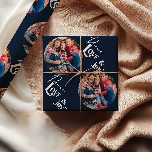 Papel De Presente Peace Love Joy Elegant Typografia Blue Photo (Photo Wrapping Paper - Peace Love and Joy)