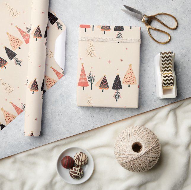 Papel De Presente Peach, Black Polka Dot Trees with Snowflakes (Artesanato)