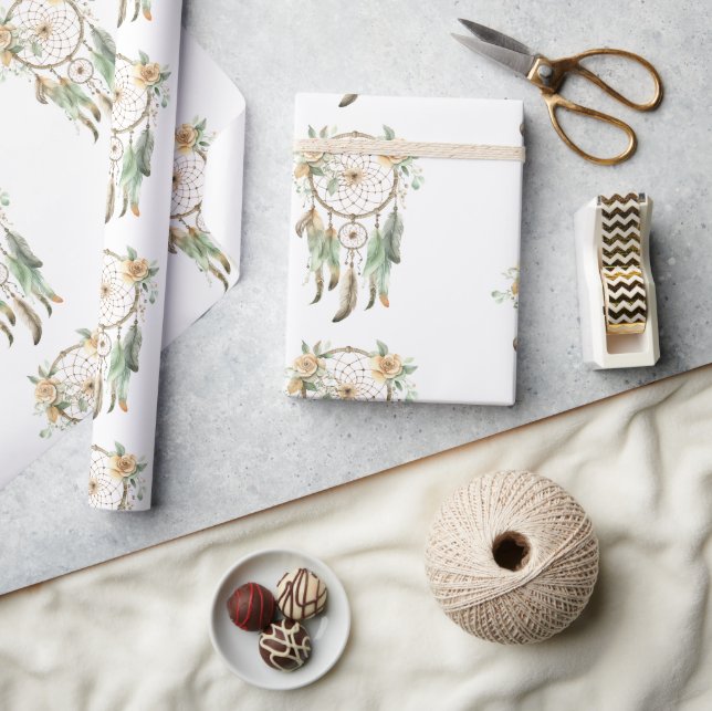 Papel De Presente Peach Floral Green Drecher Catcher Birthday (Artesanato)