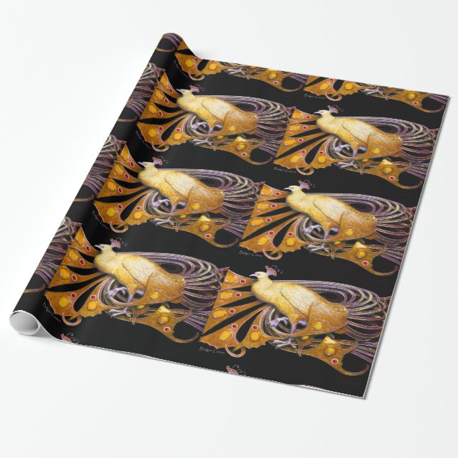 PAPEL DE PRESENTE PEACOCK AMARELO ELEGANTE E PEDRAS GEM (Desenrolado)