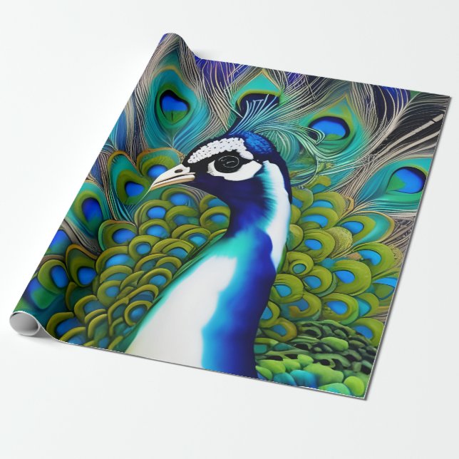 Papel De Presente Peacock Branco Azul e Verde (Desenrolado)