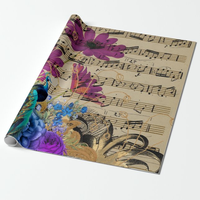 Papel De Presente Peacock, Sheet Music e Flowers (Desenrolado)