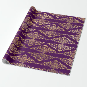 Papel De Presente Peacocks e Filigree Dourados em Roxo