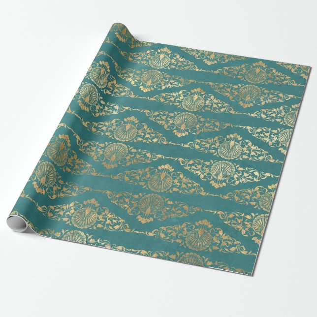 Papel De Presente Peacocks e Filigree Dourados em Teal (Desenrolado)