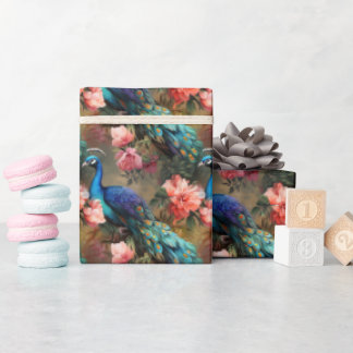 Papel De Presente Peacocks e flores coloridas elegantes -