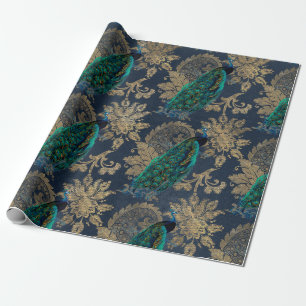 Papel De Presente Peacocks em Azul e Dourado