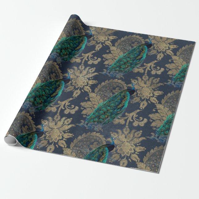 Papel De Presente Peacocks em Azul e Dourado (Desenrolado)