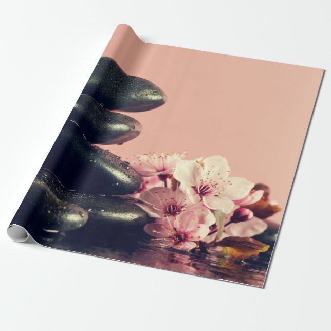 Papel De Presente Pedras Zen Pretas Flores (Desenrolado)