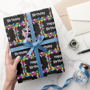 Papel De Presente Pegadas de aniversário em preto