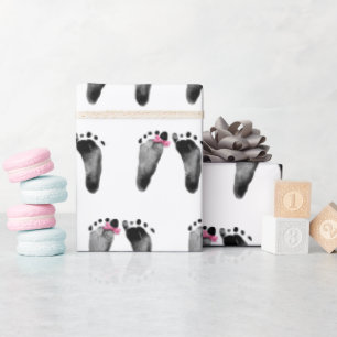 Papel De Presente Pegadas De Bebê Com Arco Rosa