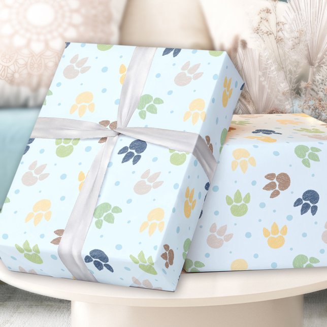Papel De Presente Pegadas do Dinossauro Pastel Blue Green Boy Aniver (Dinosaur Footprints Pastel Blue Green Boy Birthday Wrapping Paper)