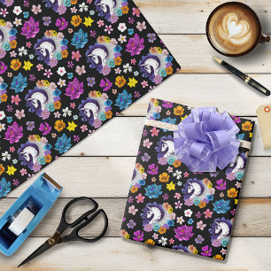 Papel De Presente Pegasus Preto Floral