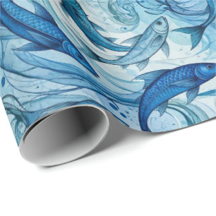 Papel De Presente Peixe Azul Místico Fluindo Harmonia