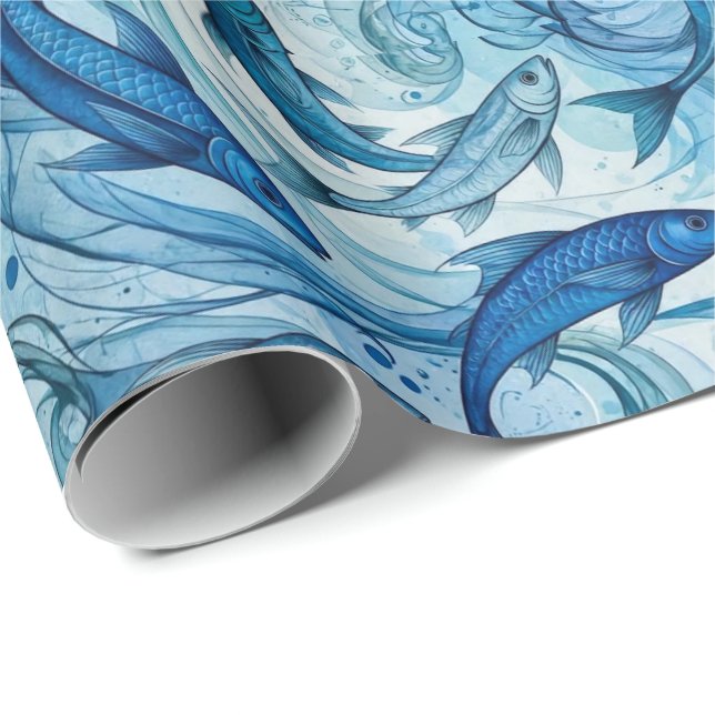 Papel De Presente Peixe Azul Místico Fluindo Harmonia (Ponta do rolo)