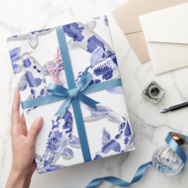 Papel De Presente Peixe-Koi Branco Azul