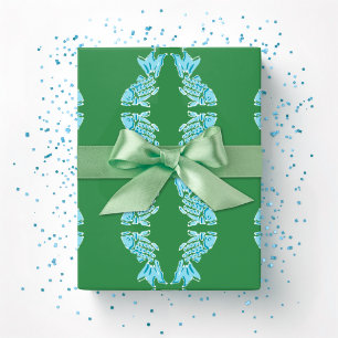 Papel De Presente Peixe Koi Chinoiserie Ogee em Verde e Aqua