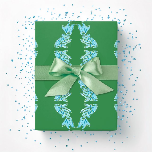 Papel De Presente Peixe Koi Chinoiserie Ogee em Verde e Aqua (Criador carregado)